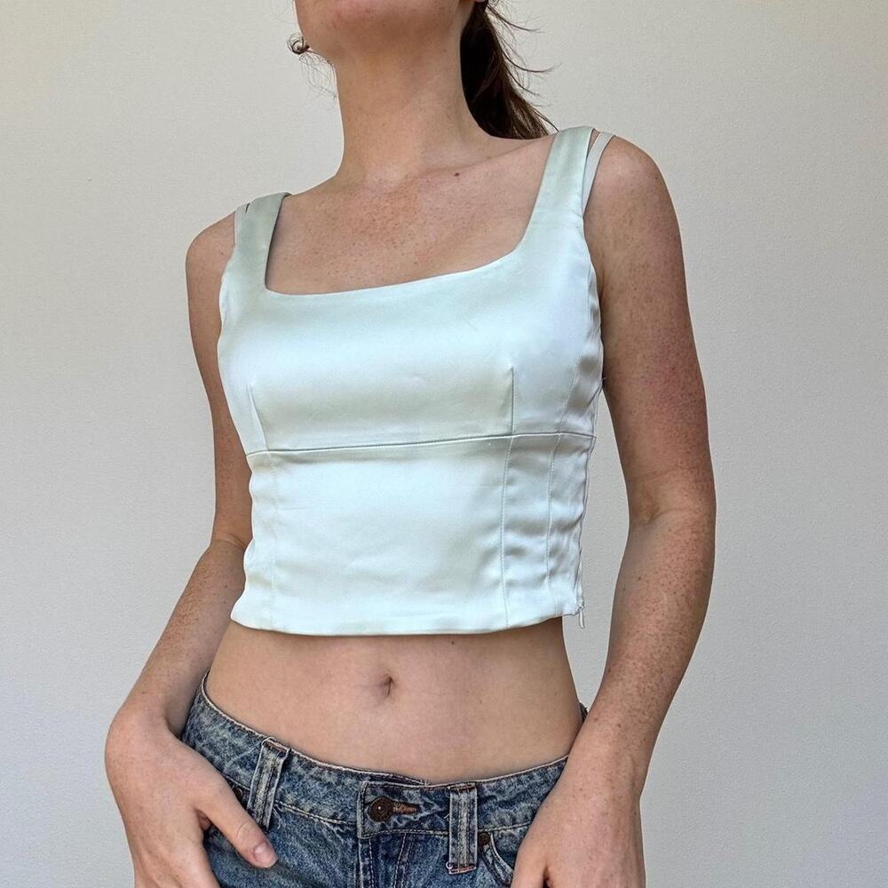 Aritzia wilfred blue satin crop top